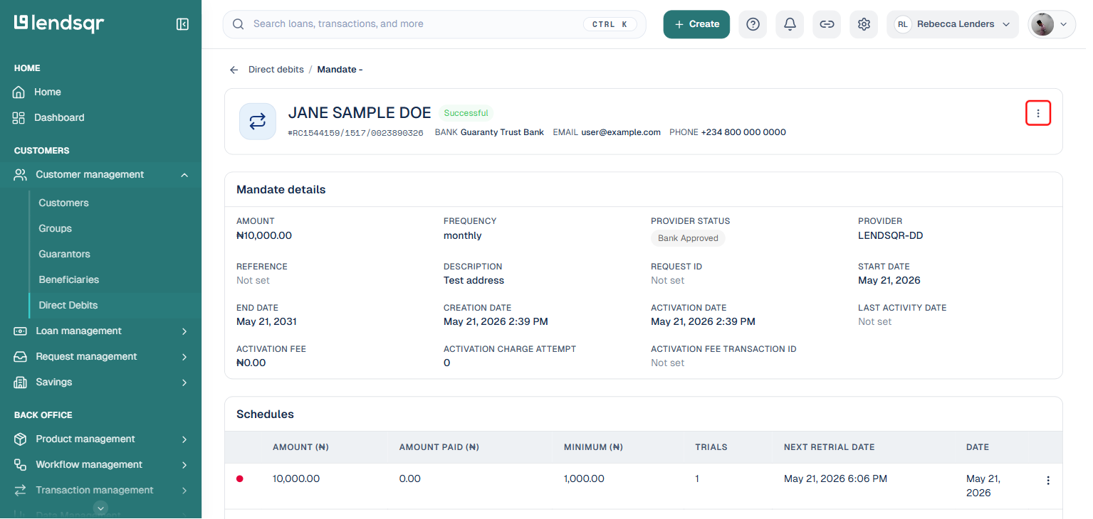 Mandate detail page with the Actions ellipsis icon boxed in red at the top right, showing the existing Schedules table below