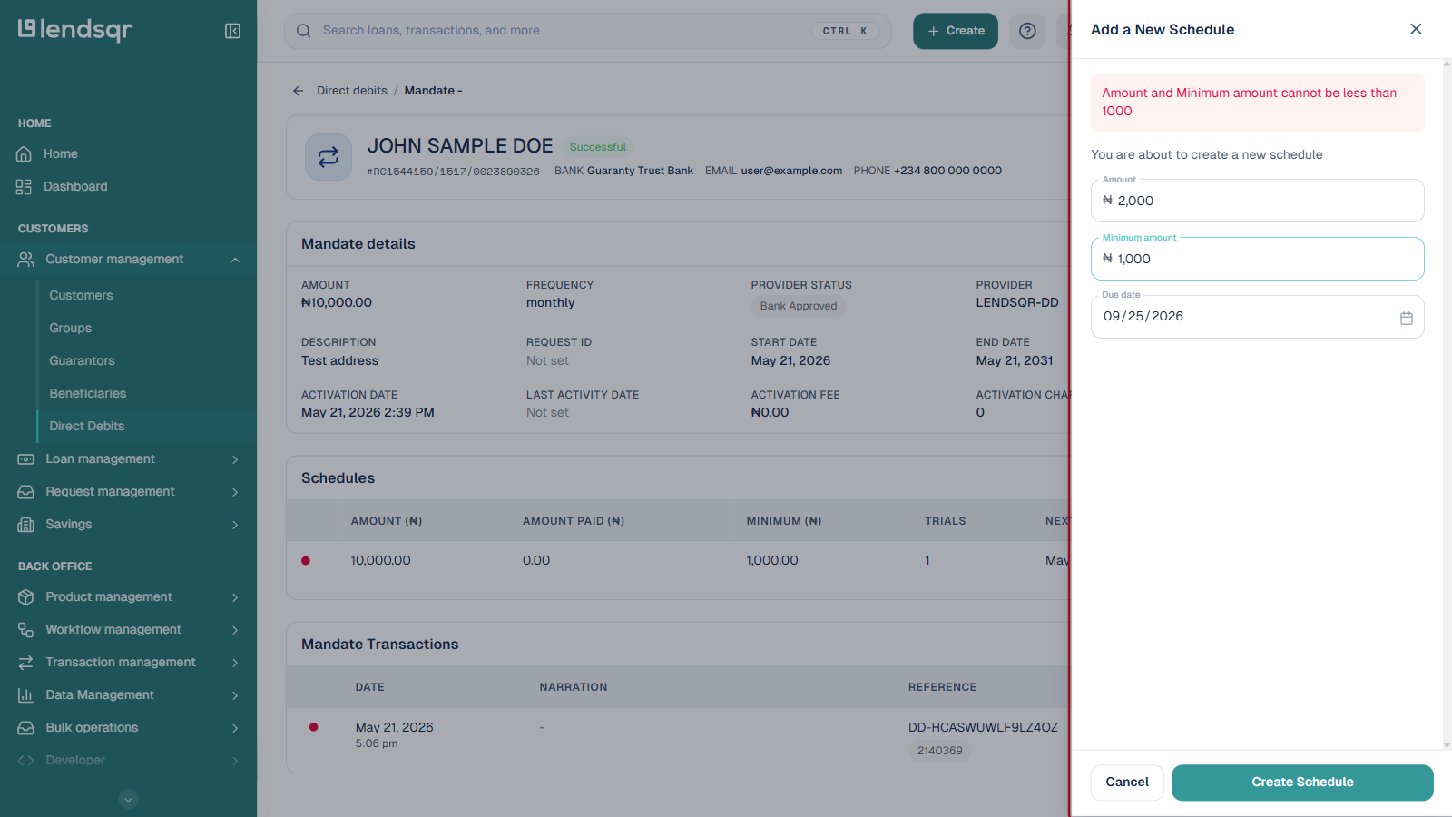 Add a New Schedule panel showing a validation error: Amount and Minimum amount cannot be less than 1000