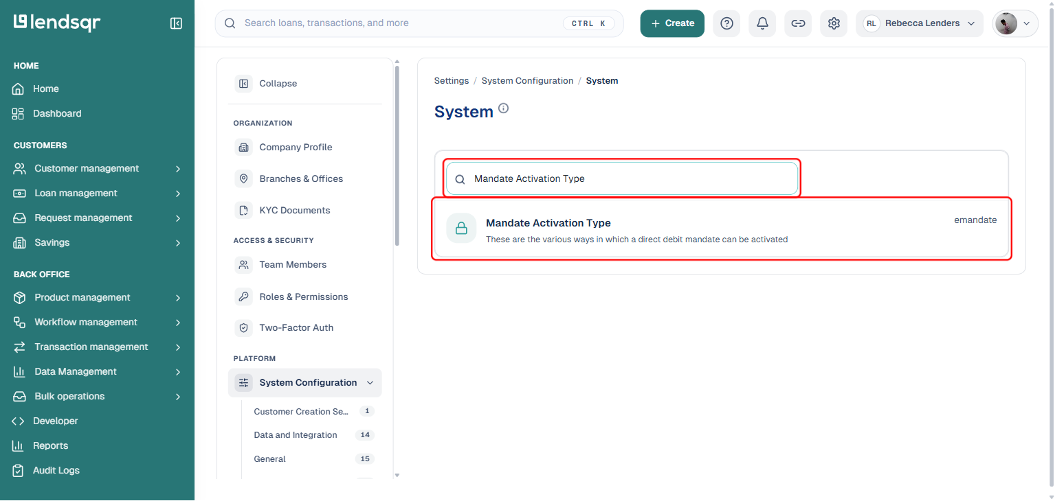 System settings searched for Mandate Activation Type, showing the setting as a read-only value with a lock icon, currently set to emandate