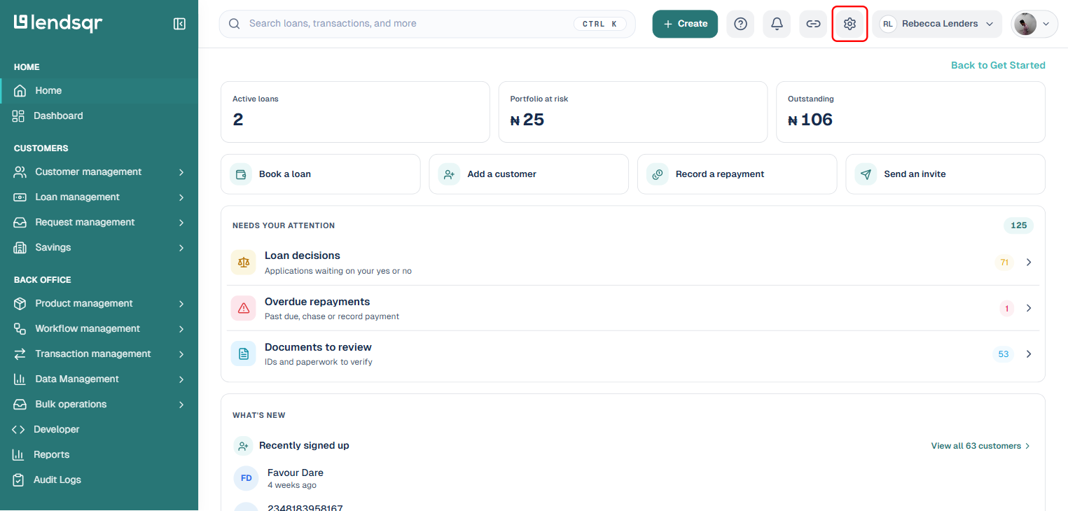 Click the Settings icon at the top right of the Lendsqr admin console