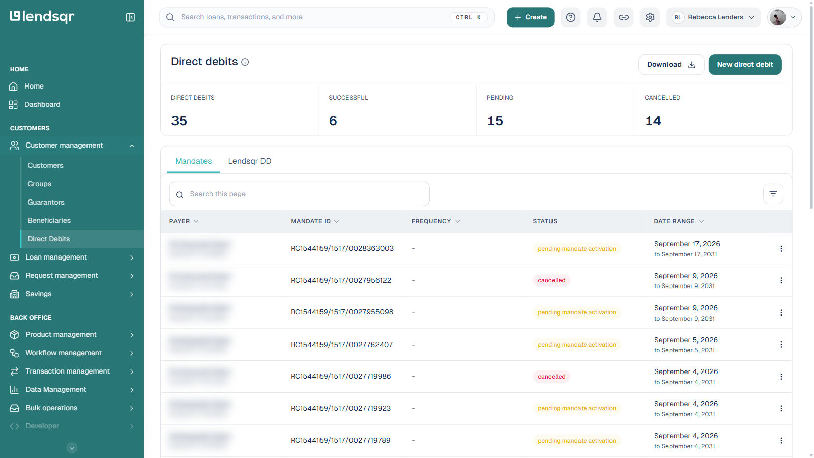 Direct Debits page Mandates tab with payer names blurred