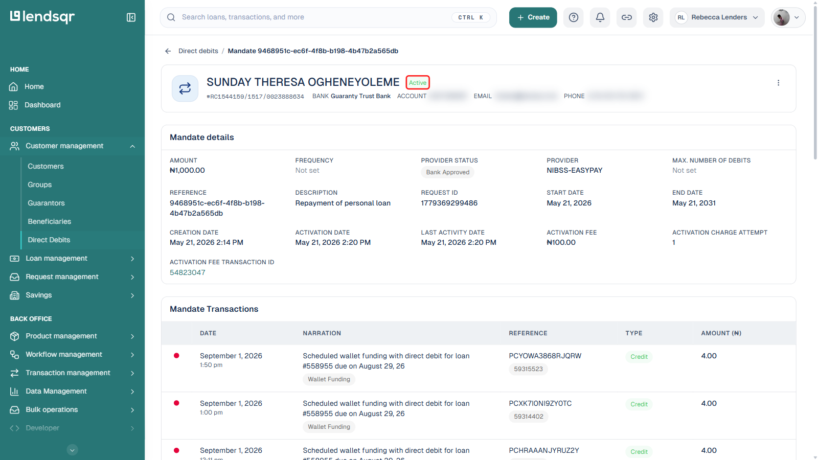 Mandate detail page with the Active status badge boxed in red, account/email/phone blurred
