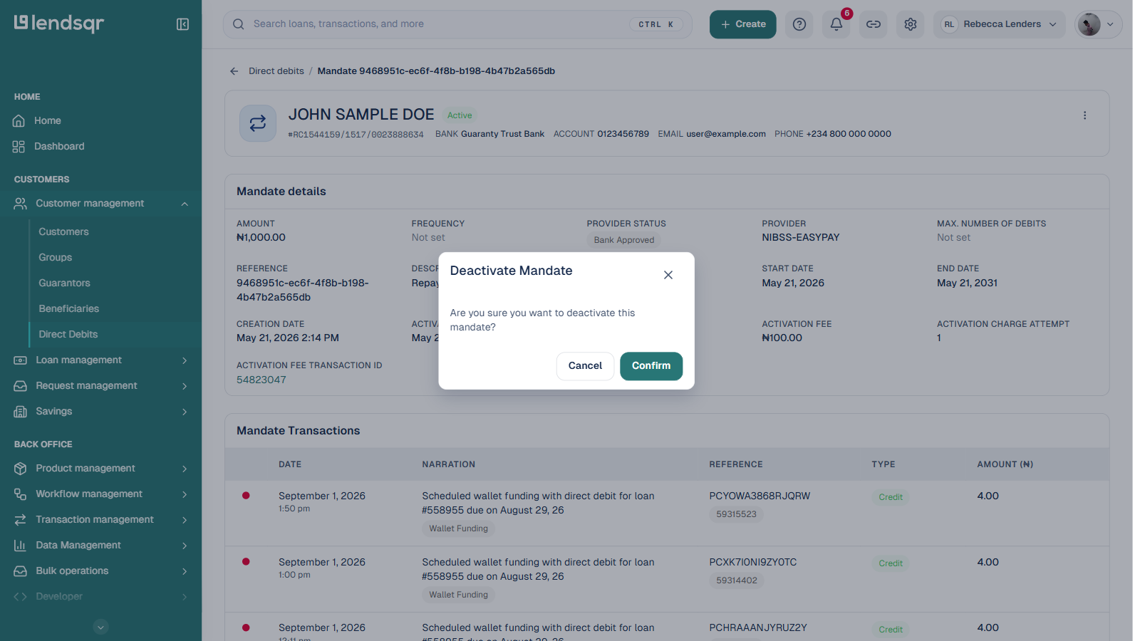 Mandate detail page with the Deactivate Mandate confirmation dialog open, asking Are you sure you want to deactivate this mandate, with Cancel and Confirm buttons