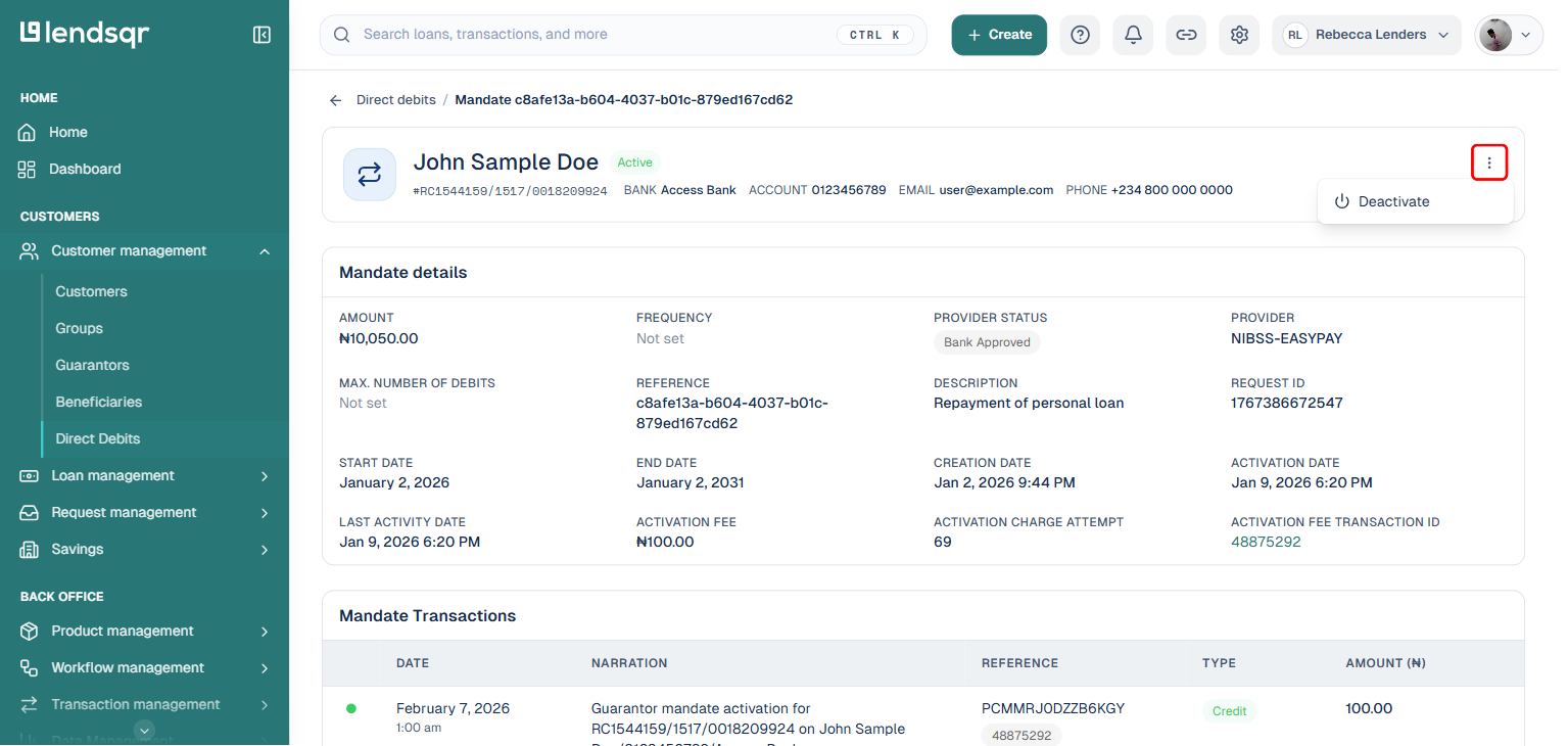 Mandate detail page for a NIBSS-EASYPAY provider mandate (Active status) with the Actions menu open and boxed in red, showing Deactivate