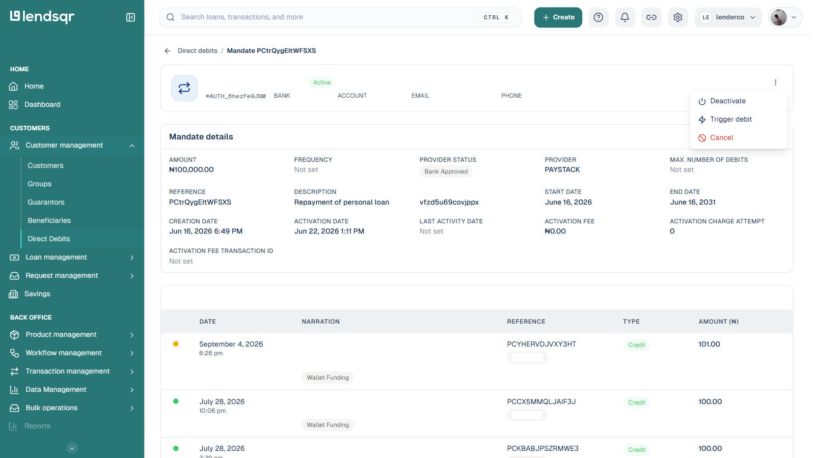 Mandate detail page with the Actions menu open, showing Deactivate, Trigger debit and Cancel options