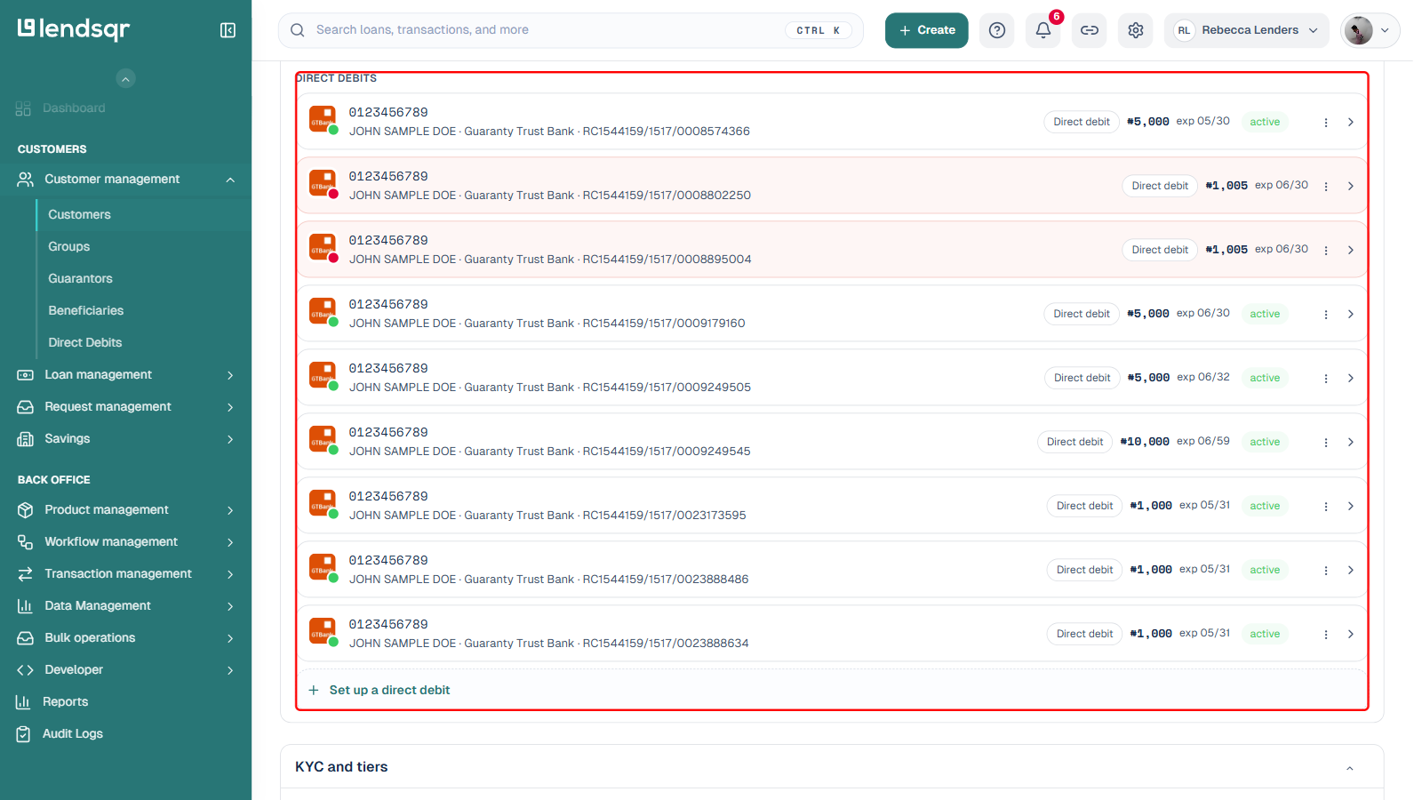 Customer profile page Payment methods section with the Direct debits subsection boxed in red, listing the customer's mandates