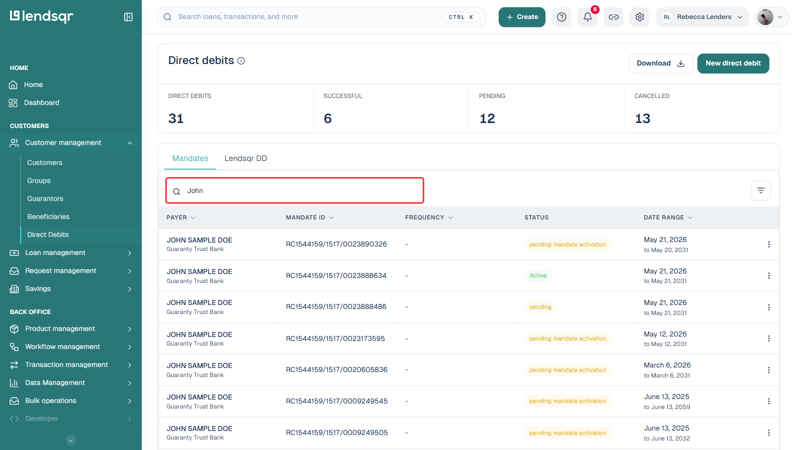 Direct debits page with the search box boxed in red and a customer name entered, filtering the Mandates table to that customer's mandates
