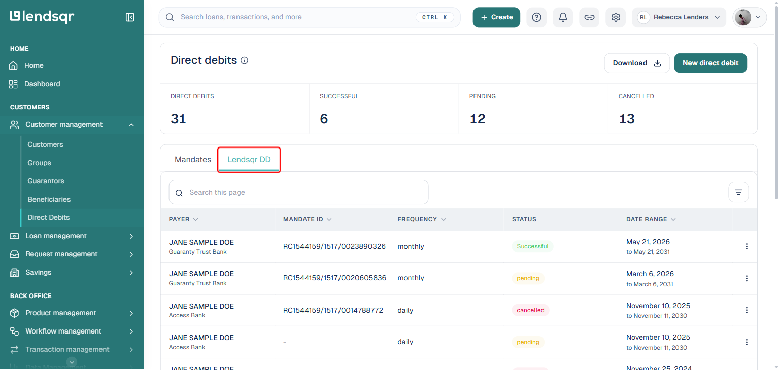Direct debits page with the Lendsqr DD tab boxed in red, showing only mandates created directly from the admin console with a monthly frequency column populated; payer names substituted with placeholder names