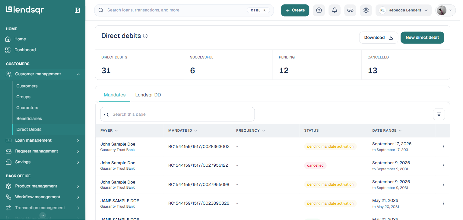 Direct debits page showing summary stats and the Mandates and Lendsqr DD tabs, with a table of mandates listing payer, mandate ID, frequency, status and date range; payer names substituted with placeholder names