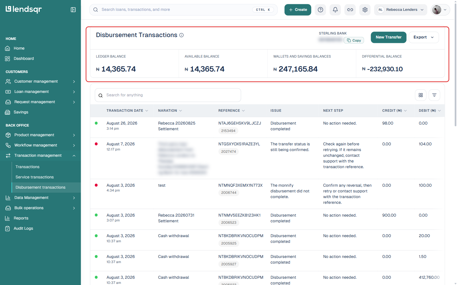 Disbursement Transactions page showing the linked virtual account highlighted, Ledger/Available/Wallets and Savings/Differential balance cards, and a transaction list