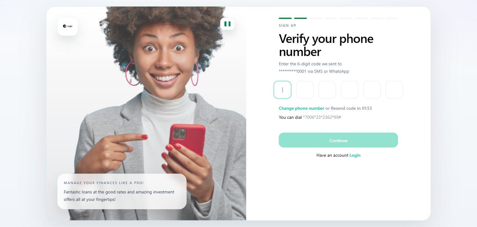 Lender web app Verify your phone number screen showing 6-digit OTP input boxes and the USSD dial code to retrieve the code via *7006*23 short code