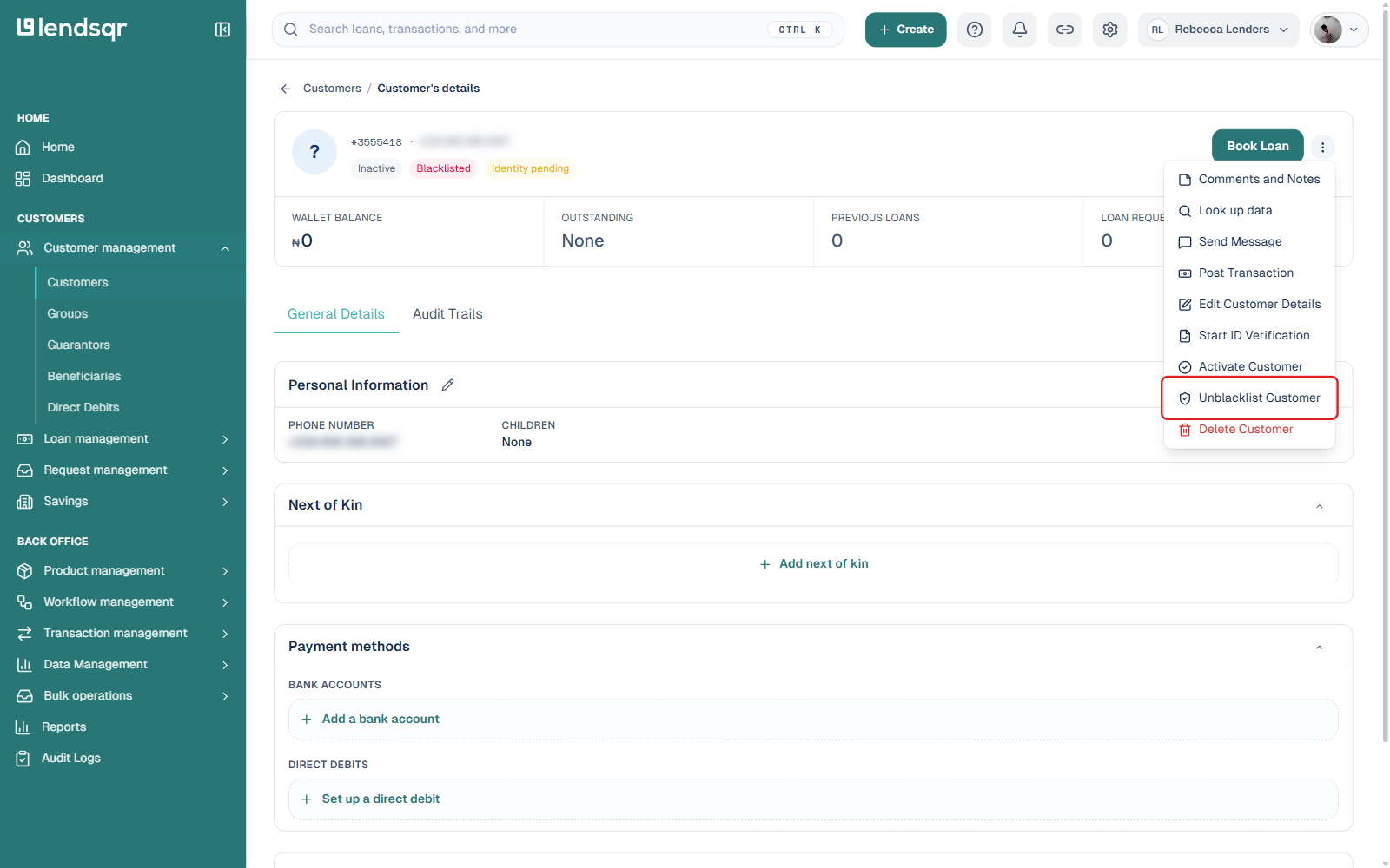 Customer profile showing Blacklisted status badge and the More actions menu with Unblacklist Customer boxed, phone number redacted