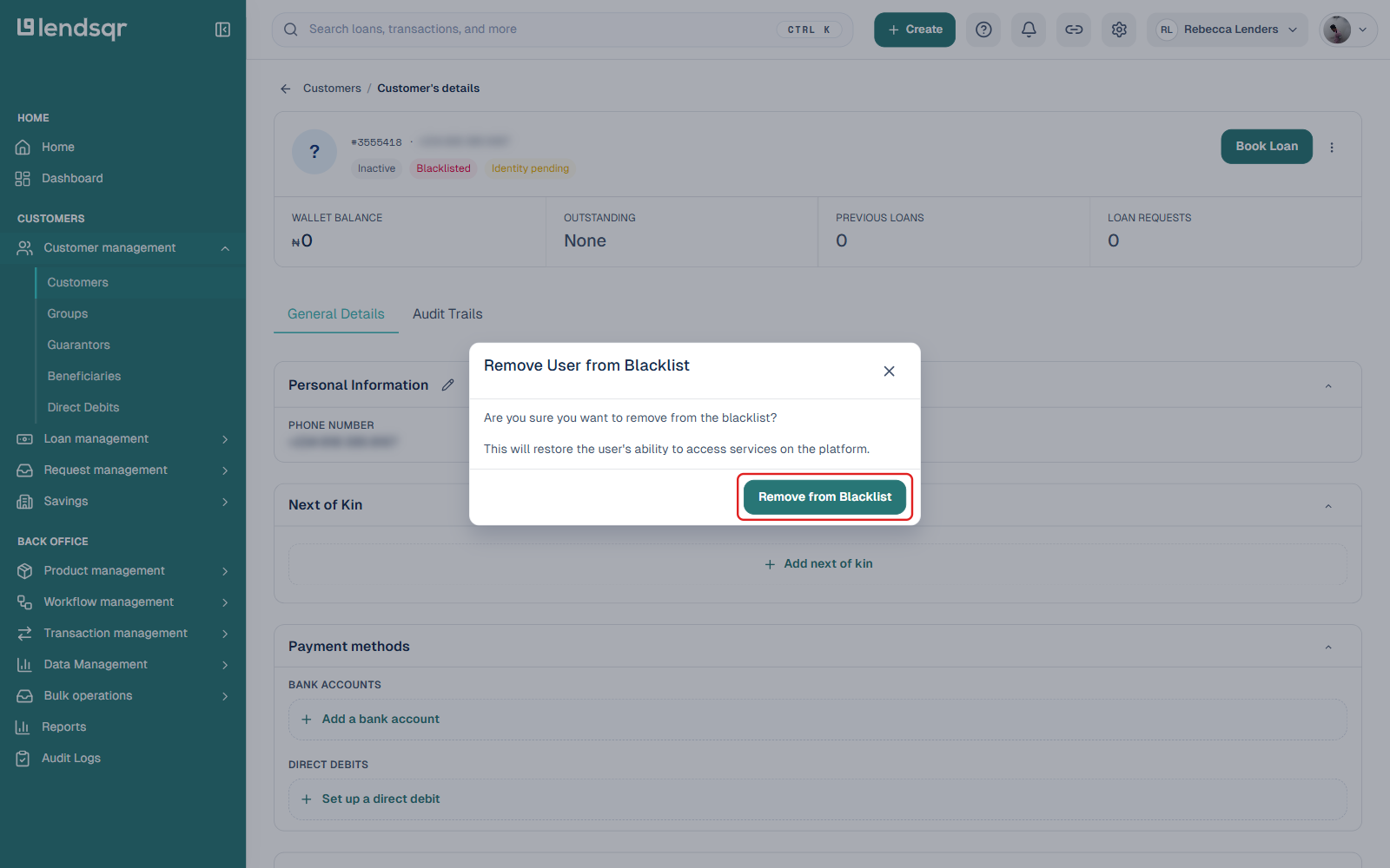 Remove User from Blacklist confirmation dialog with the Remove from Blacklist button boxed, phone number redacted in the background