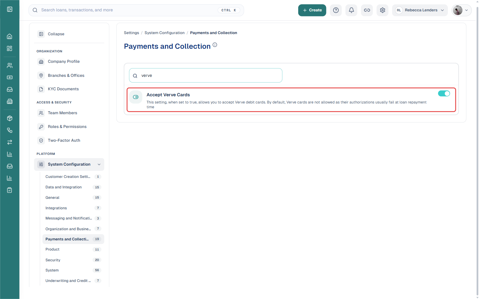 Settings System Configuration Payments and Collection page with the settings search box showing verve and the Accept Verve Cards toggle boxed, switched on
