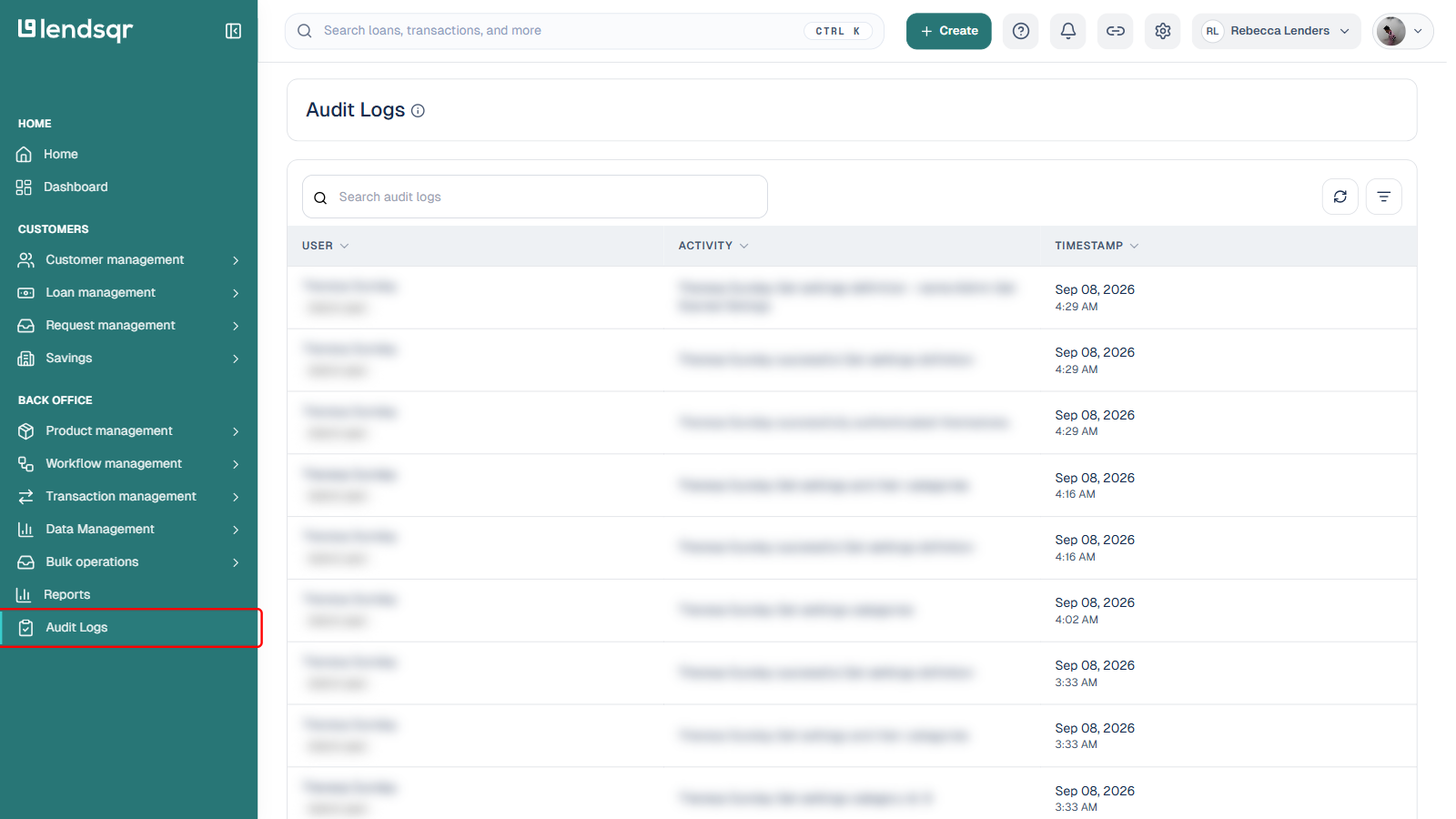 Audit Logs page in the Back Office sidebar section boxed in red, admin and app user names blurred in the log table