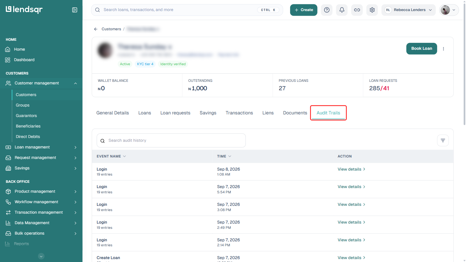 A customer profile page with the Audit Trails tab boxed in red, showing a grouped event log (Login, Create Loan, etc), customer name and contact blurred