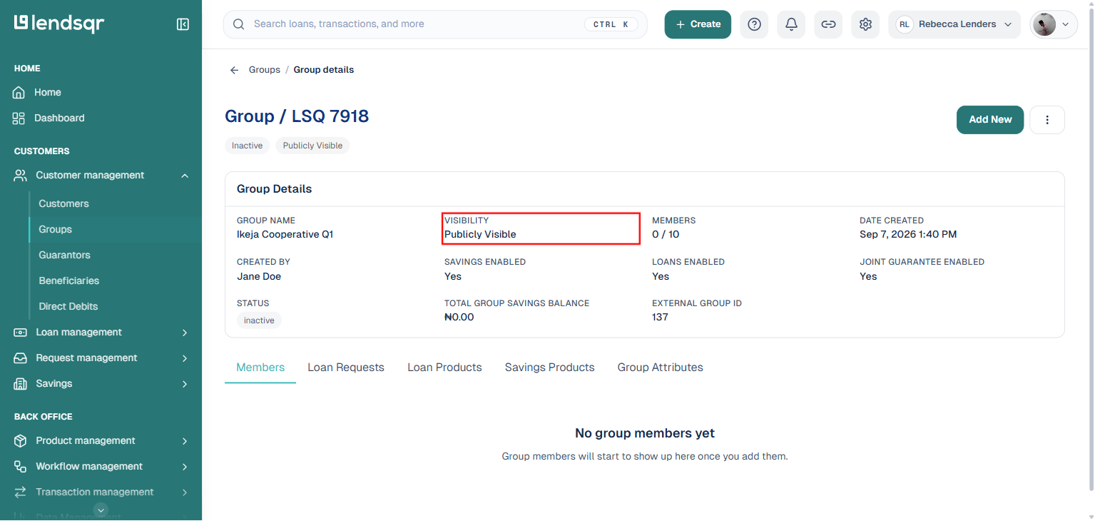 Group Details card showing the Visibility field set to Publicly Visible, along with other group attributes