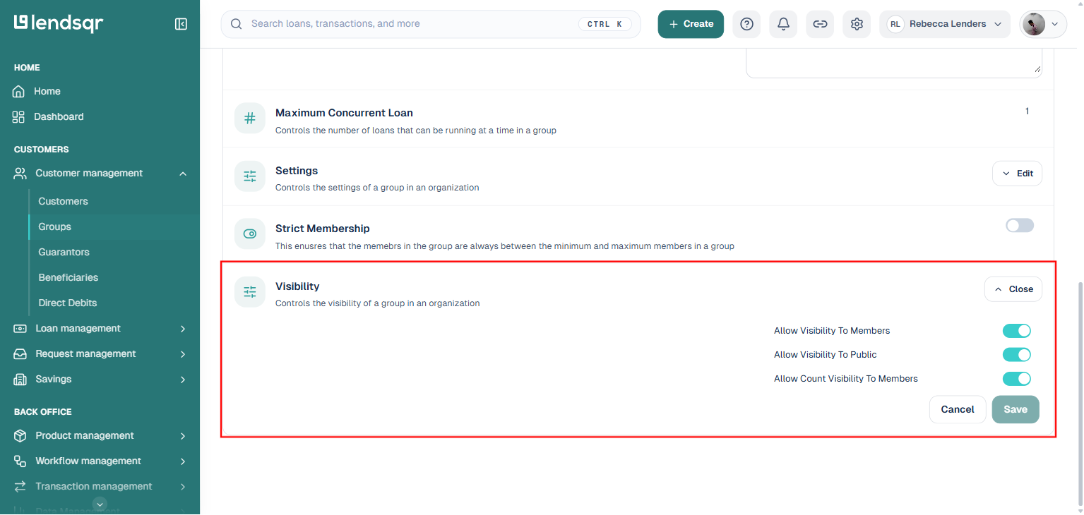 Visibility setting expanded on the Group Attributes tab, showing Allow Visibility To Members, Allow Visibility To Public, and Allow Count Visibility To Members checkboxes