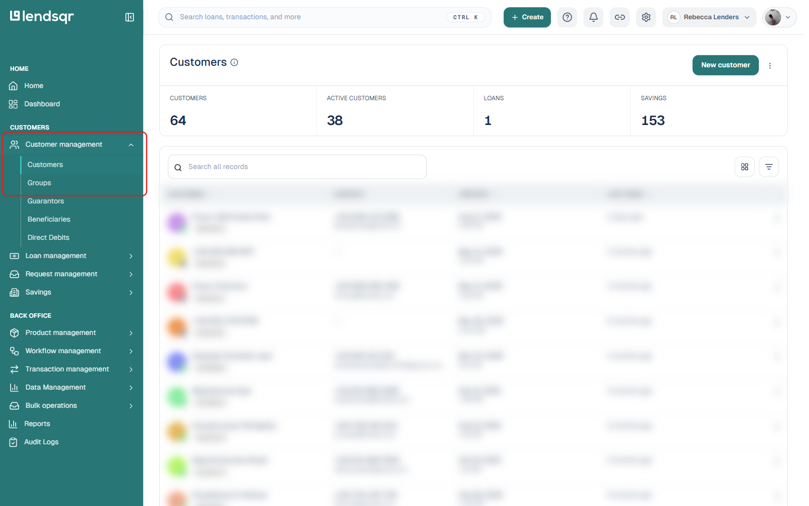 Lendsqr admin console with Customer management and Groups navigation highlighted