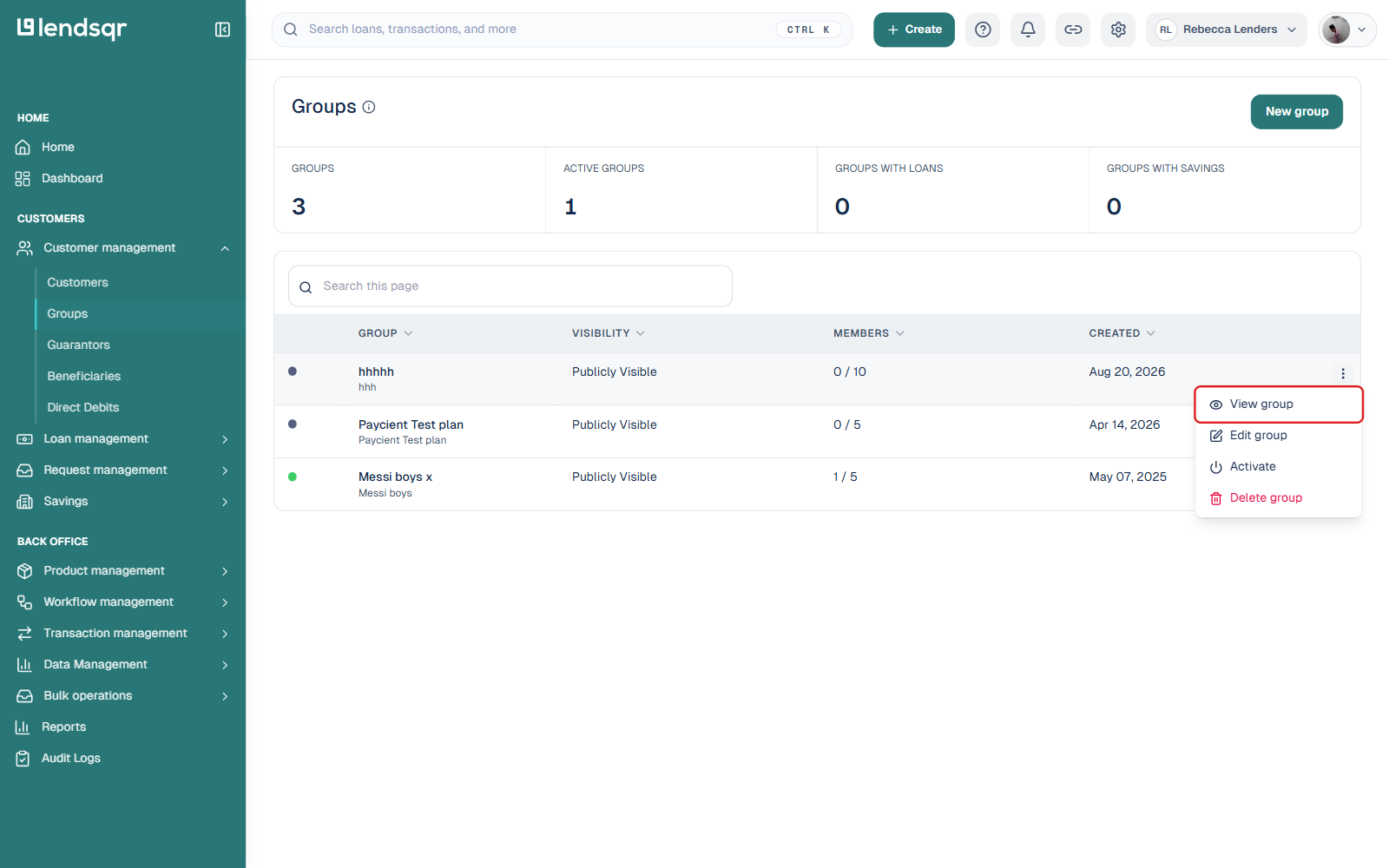 Groups list with the three-dot menu open, View group option highlighted