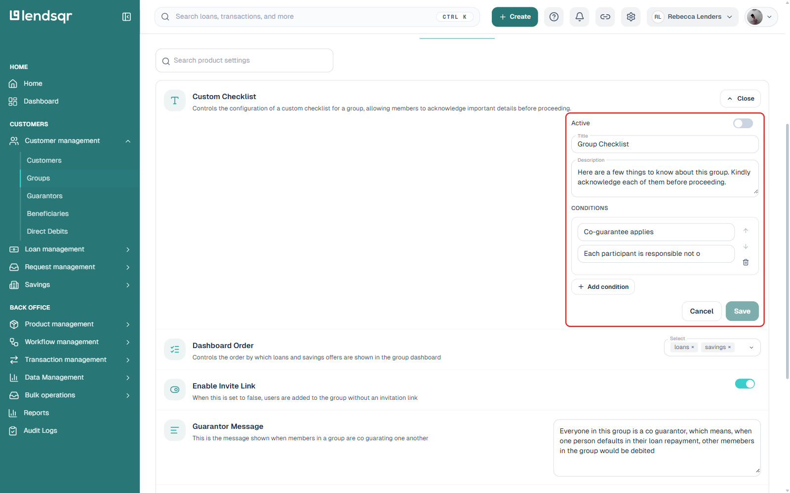 Custom Checklist settings form with Active toggle, Title, Description, and Conditions fields