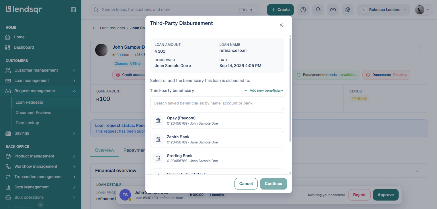 Third-Party Disbursement dialog showing the loan summary and a searchable list of saved third-party beneficiaries, boxed in red, with a button to add a new beneficiary