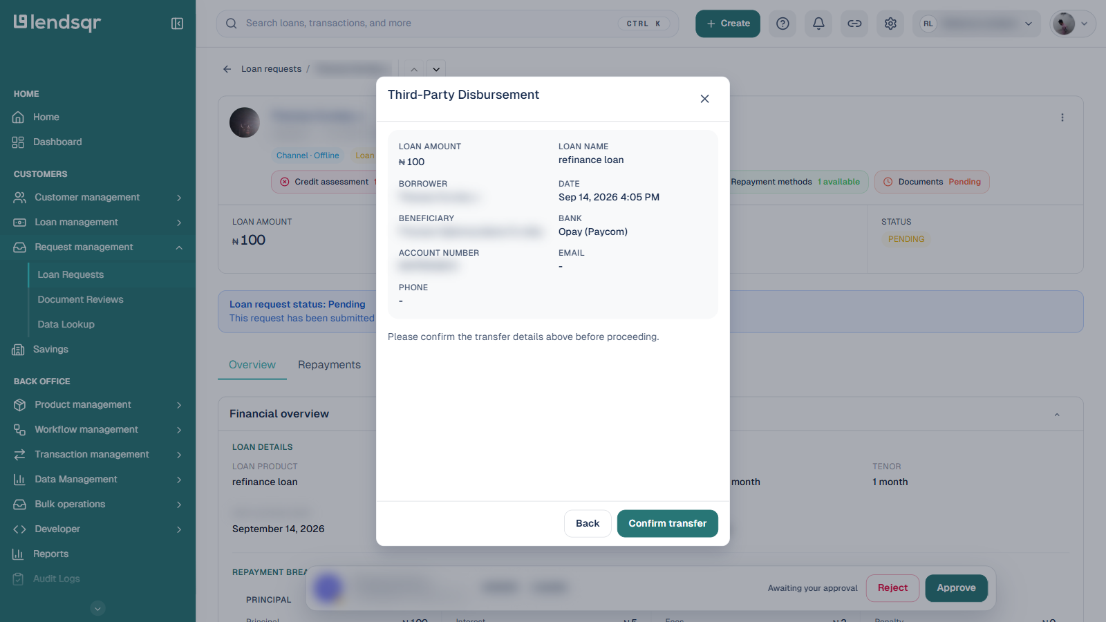 Third-Party Disbursement dialog showing the final transfer summary with loan amount, loan name, borrower, beneficiary, bank and account number, plus Back and Confirm transfer buttons, borrower and beneficiary details blurred