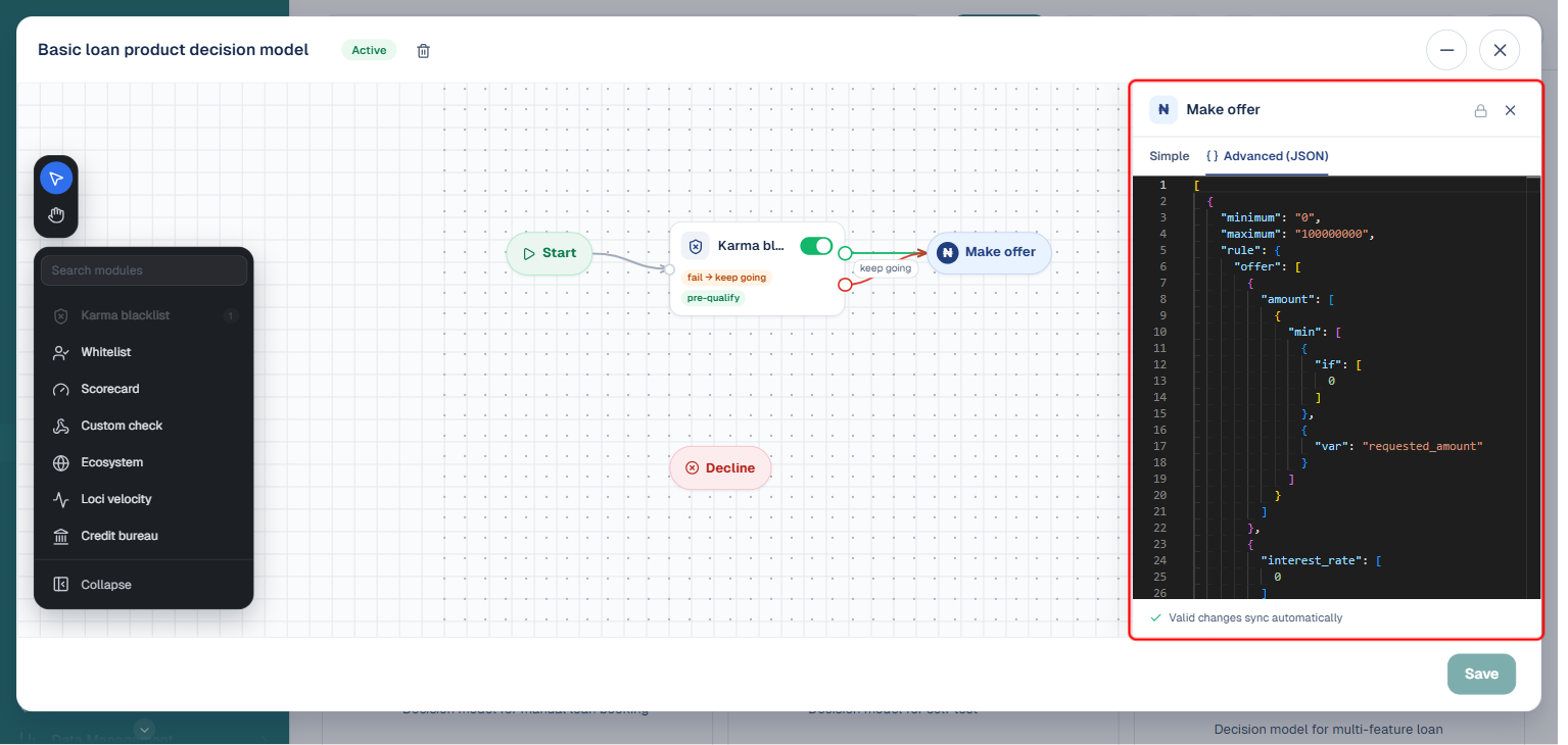 Make offer side panel in Advanced (JSON) mode, boxed in red, showing the underlying JSON rule for the offer settings
