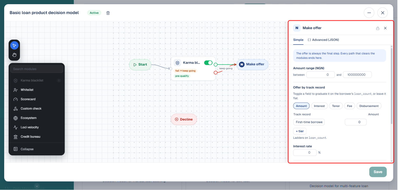Make offer side panel in Simple mode, boxed in red, showing Amount range, Offer by track record, Interest rate, Outputs and Message to applicant fields
