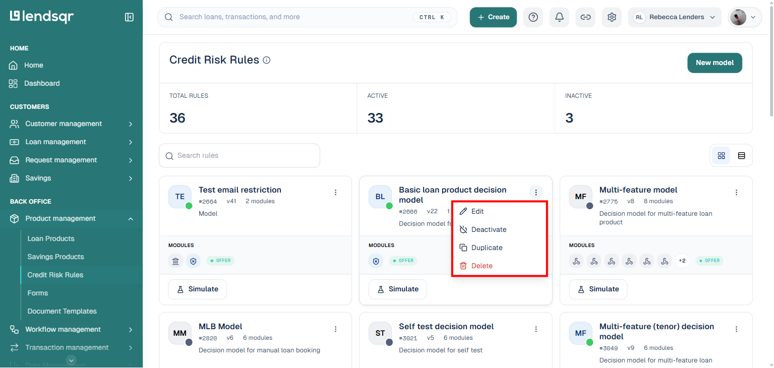 Rule actions menu on a credit risk rule card, highlighted, showing Edit, Deactivate, Duplicate, and Delete