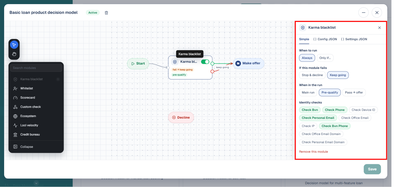 Credit risk rule visual flow editor, highlighted, showing the Karma blacklist module's settings panel with When to run, If this module fails, When in the run, and Identity checks options