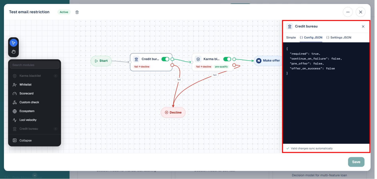 Credit risk rule flow editor, highlighted, showing the Credit bureau module's Config JSON tab with its raw JSON settings