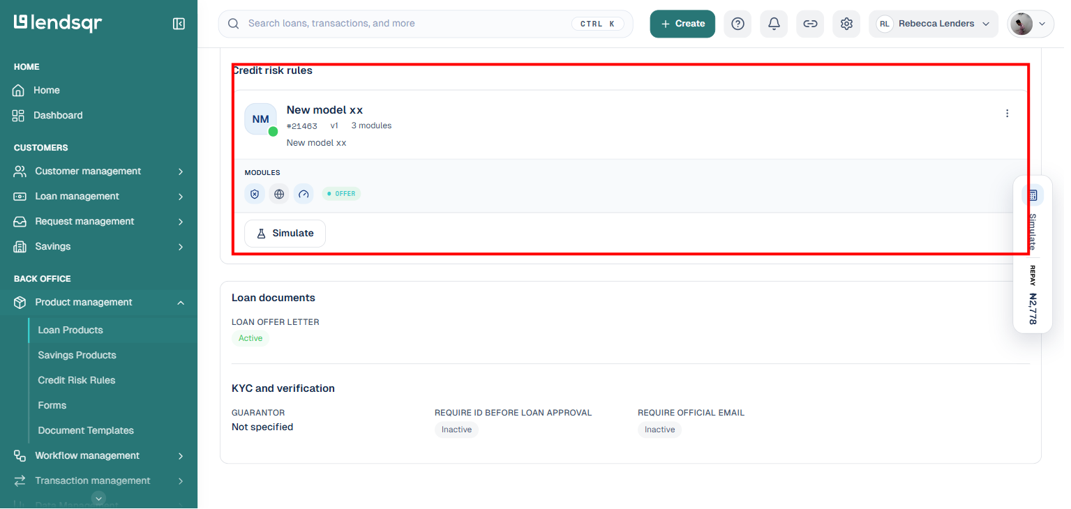 Loan product page, highlighted, showing its Credit risk rules section with the currently mapped rule card and Simulate button