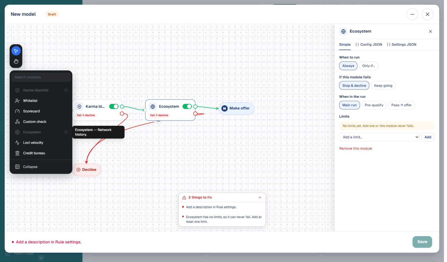 Second module, Ecosystem, added after Karma blacklist, chaining the sequence Karma blacklist to Ecosystem to Make offer with fail paths from each module to Decline, and its configuration panel open on the right showing the Limits requirement