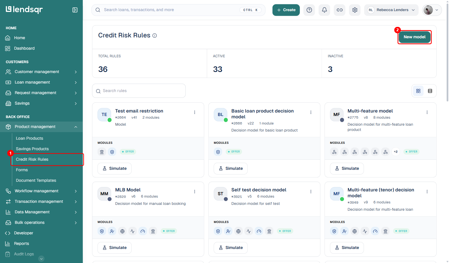 Credit Risk Rules list page: box 1 on the Credit Risk Rules item under Product management in the sidebar, box 2 on the New model button