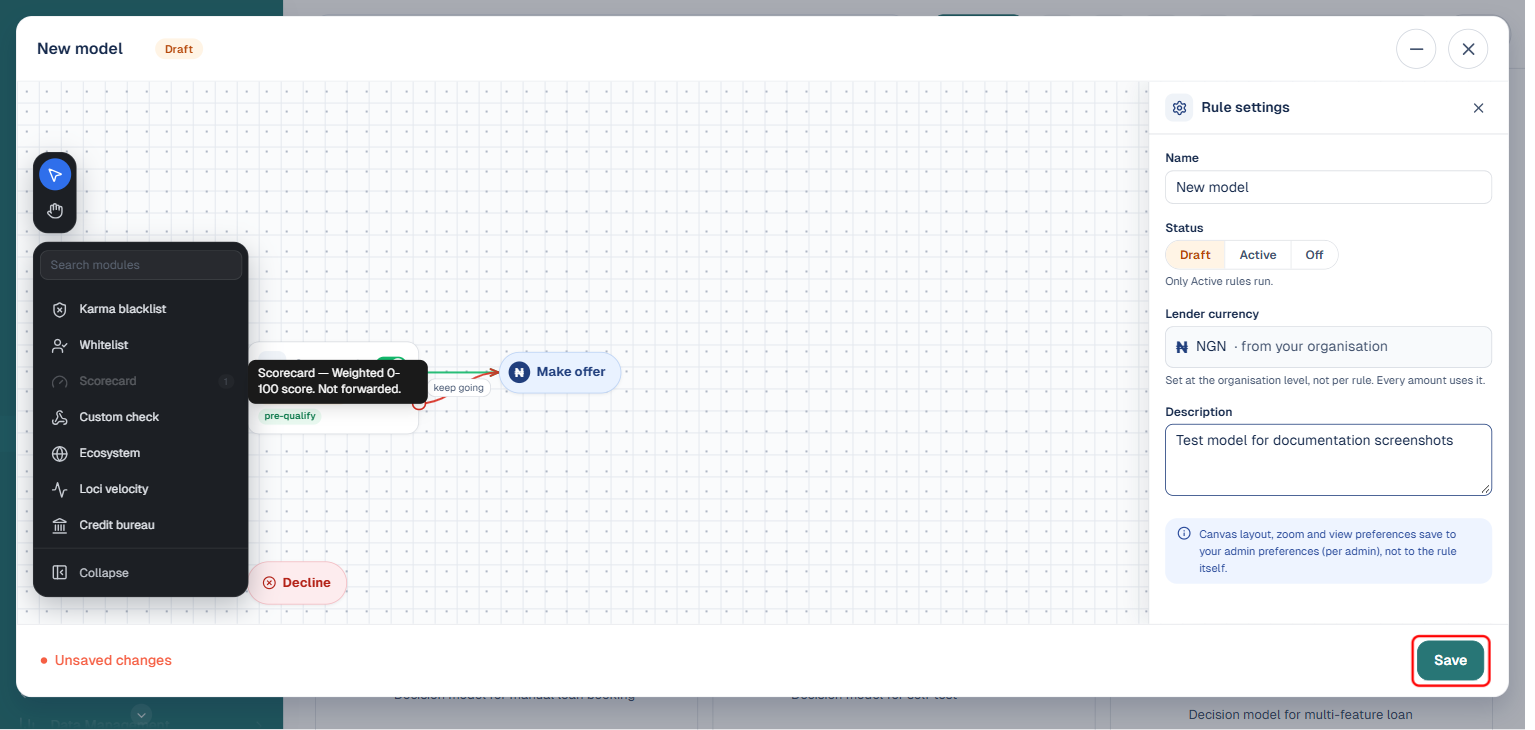 Rule settings panel with Name, Status, and Description fields filled in, and the Save button boxed in red at the bottom right
