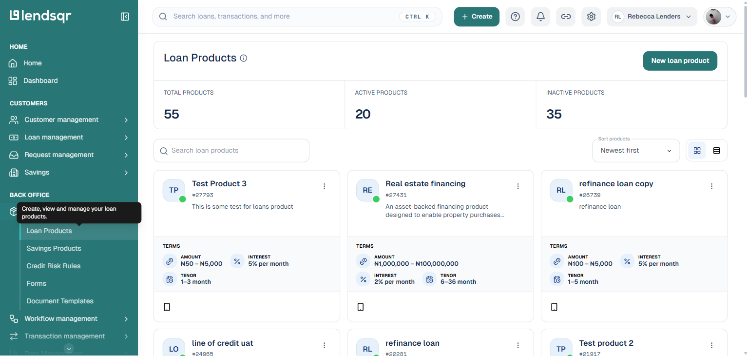 Loan Products page showing the grid of existing loan products with a New loan product button