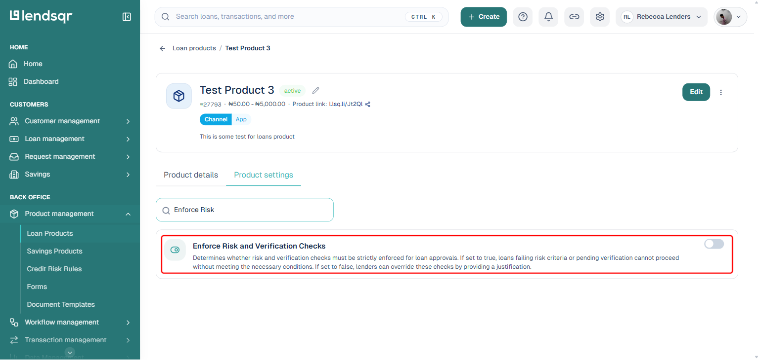 Product settings tab of a loan product showing the Enforce Risk and Verification Checks toggle found via the settings search box