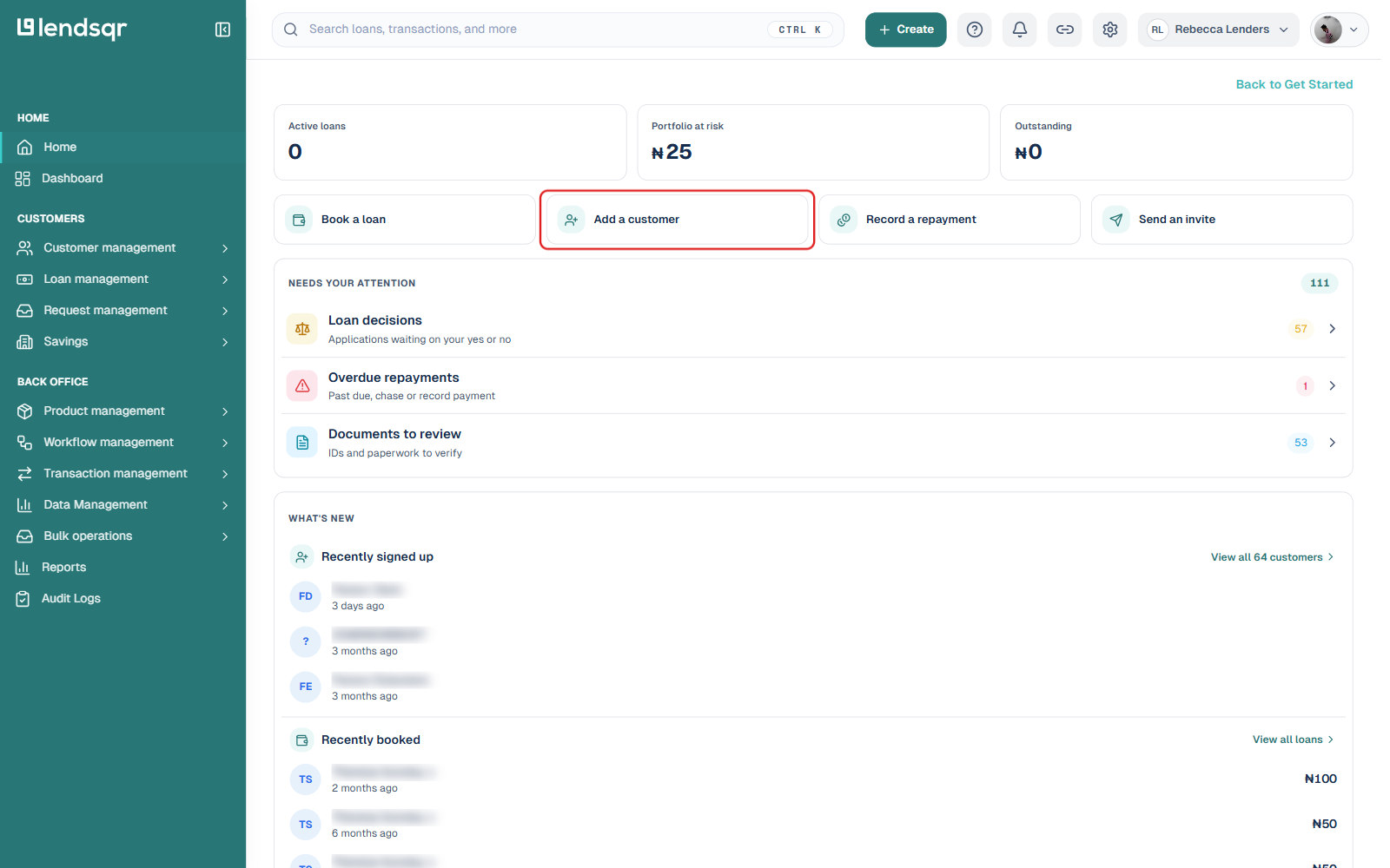 Home page quick actions with Add a customer boxed