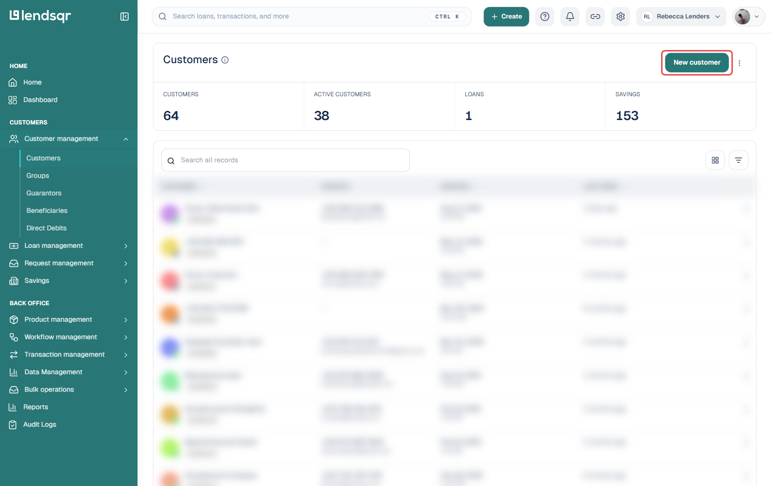 Customers page with New customer button boxed