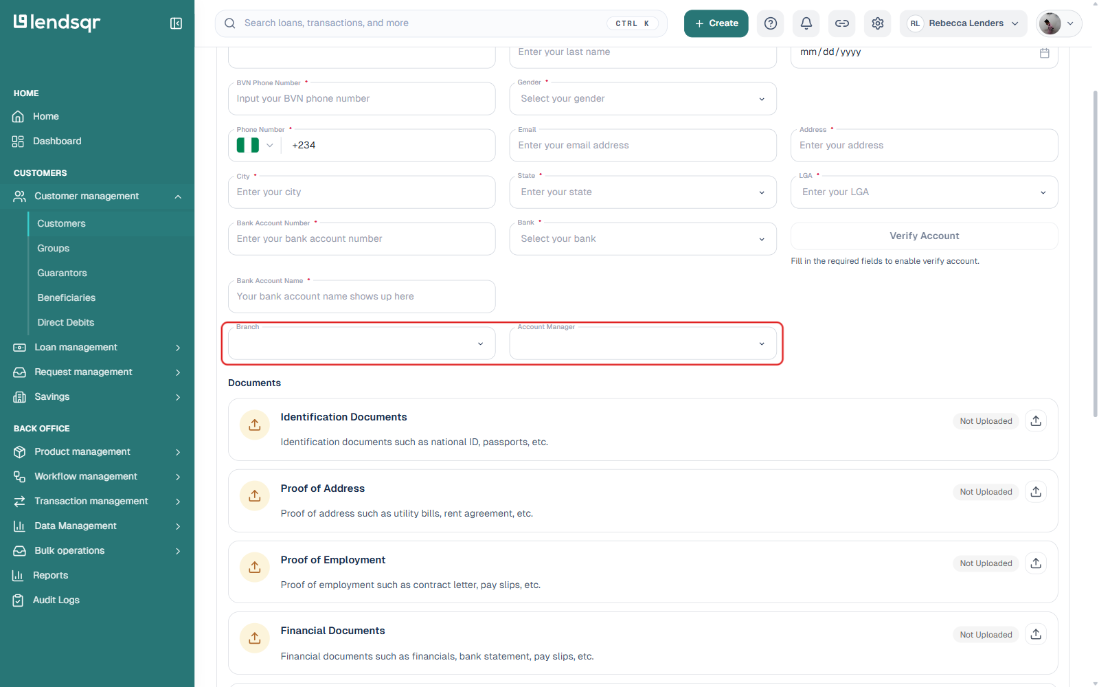 New customer creation form with the Branch and Account Manager fields highlighted near the bottom