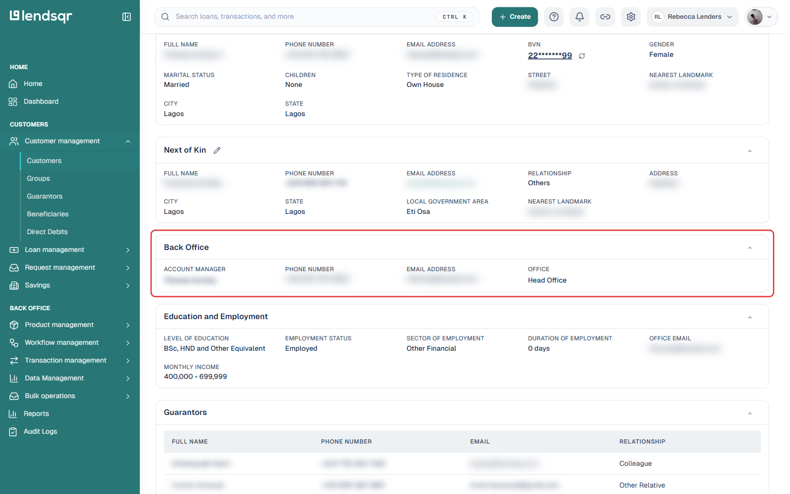 Customer profile page showing the Next of Kin and Back Office sections, with all personal details blurred