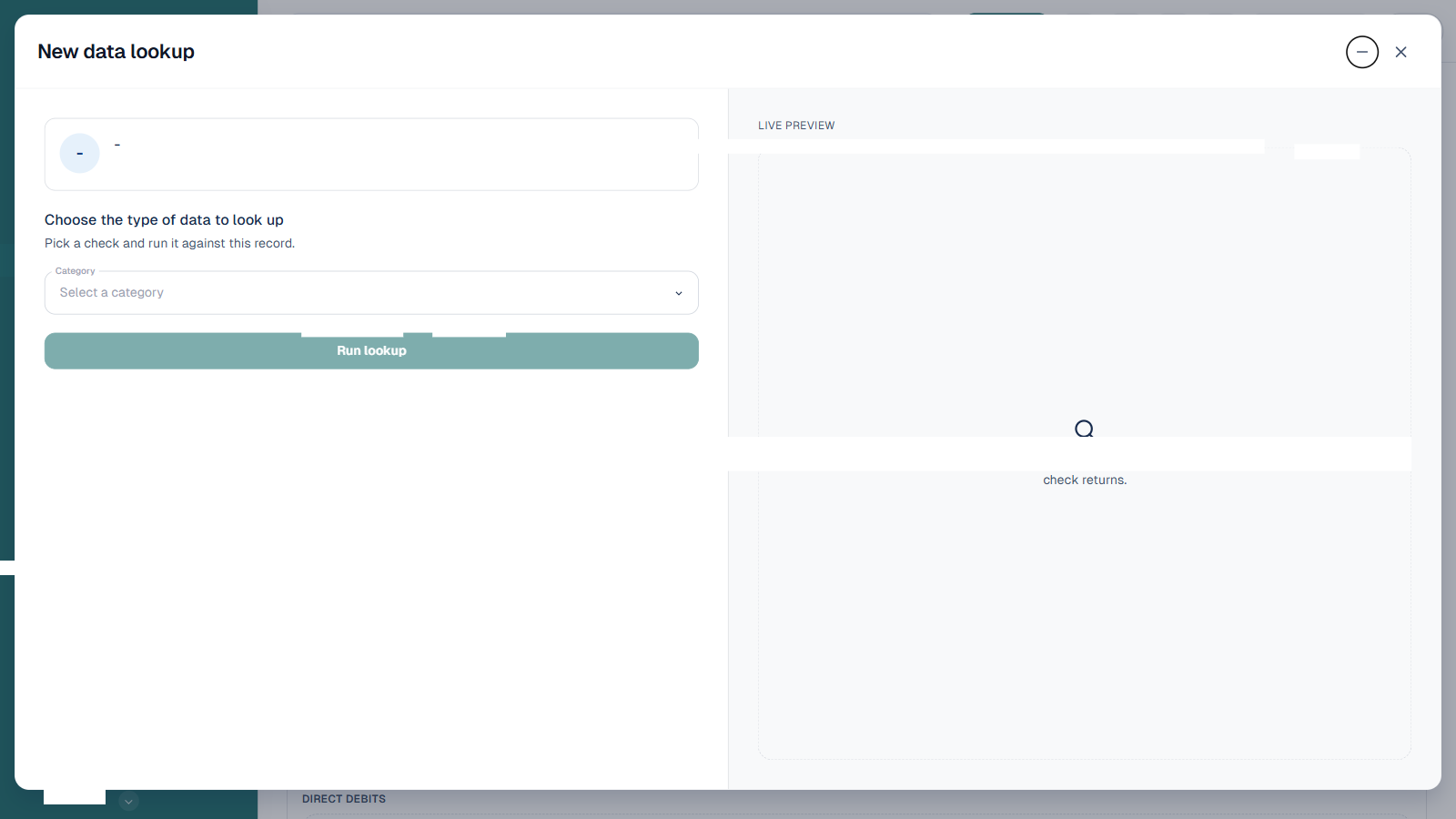 New data lookup dialog opened from a customer profile, pre-filled with the customer's record; name, ID and phone number blurred