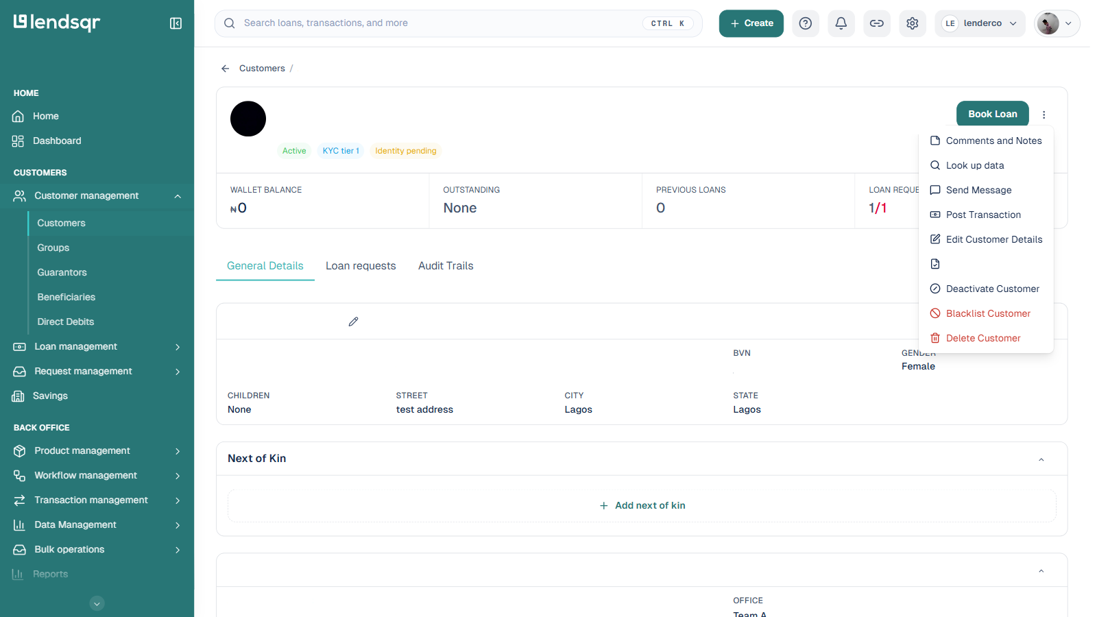 Customer profile page with the More actions menu open, showing the Look up data option; name, ID, phone and other personal details blurred