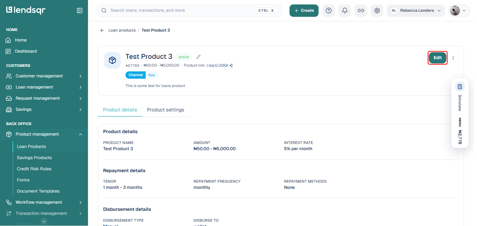 Loan product detail page with the Edit button boxed in red