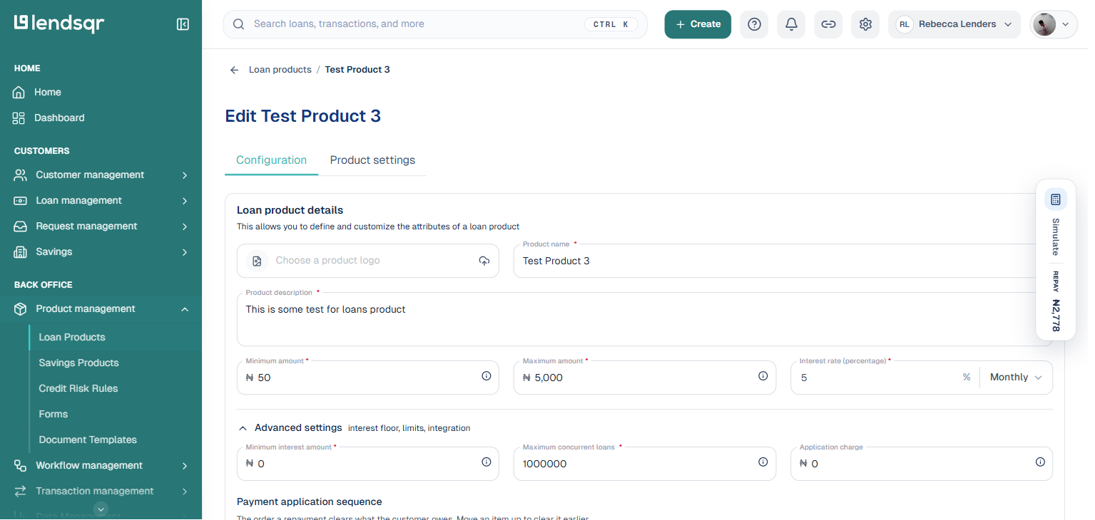 Loan product edit screen showing the Configuration tab with the Loan product details form