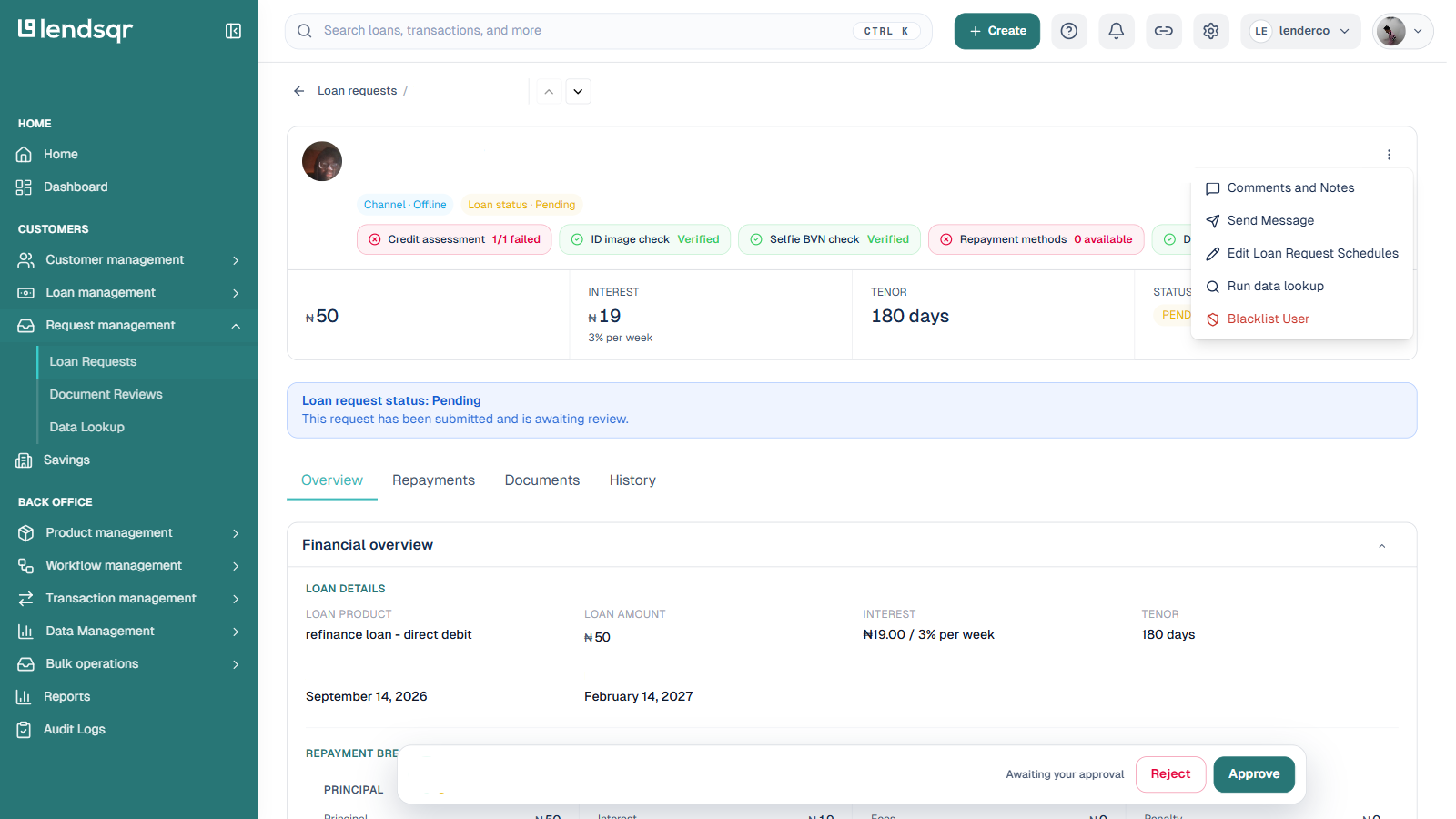 Loan request detail page with the More actions menu open, showing the Run data lookup option; name, ID and other personal details blurred