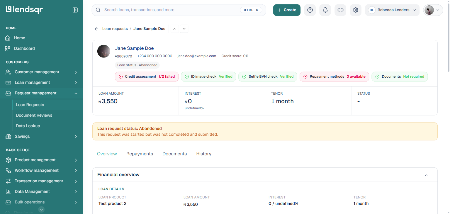 Abandoned loan request detail page showing the borrower profile summary, credit assessment chips, and loan amount with a status banner explaining the request was not completed