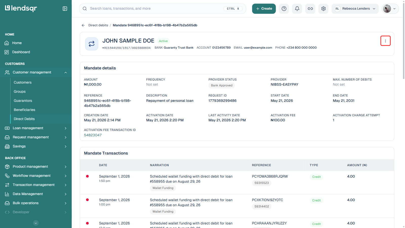Mandate detail page with the Actions icon boxed in red
