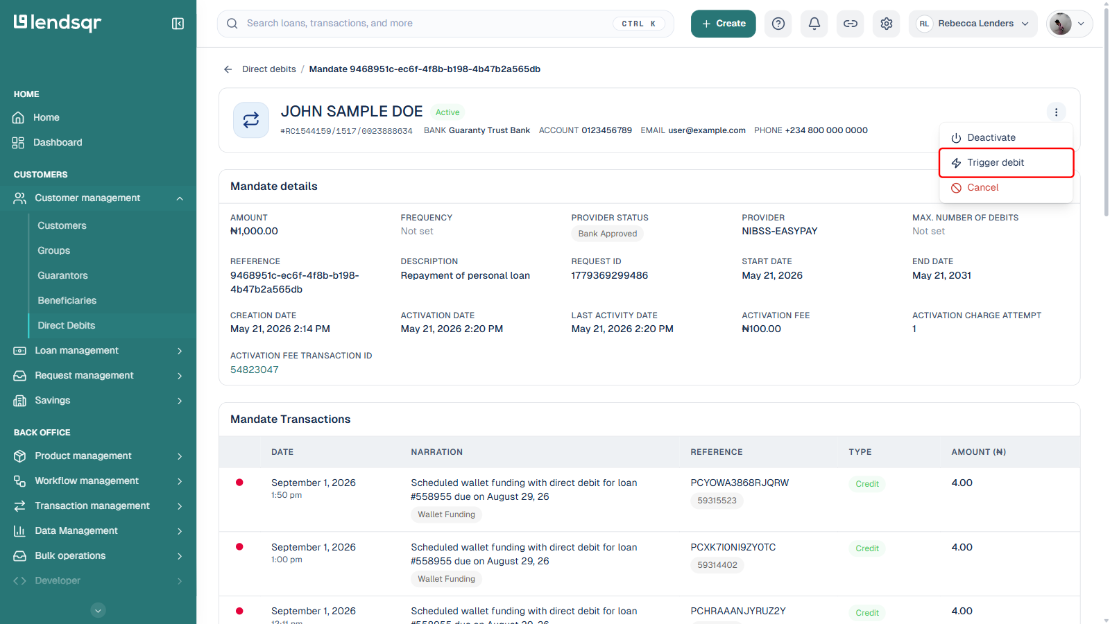 Actions menu open on a mandate detail page with Trigger debit boxed in red